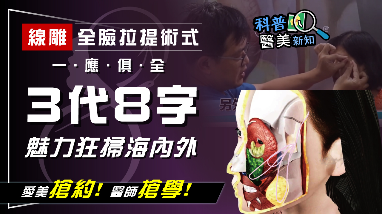 3代8字線雕拉提影片縮圖,醫師操作與臉部解剖示意