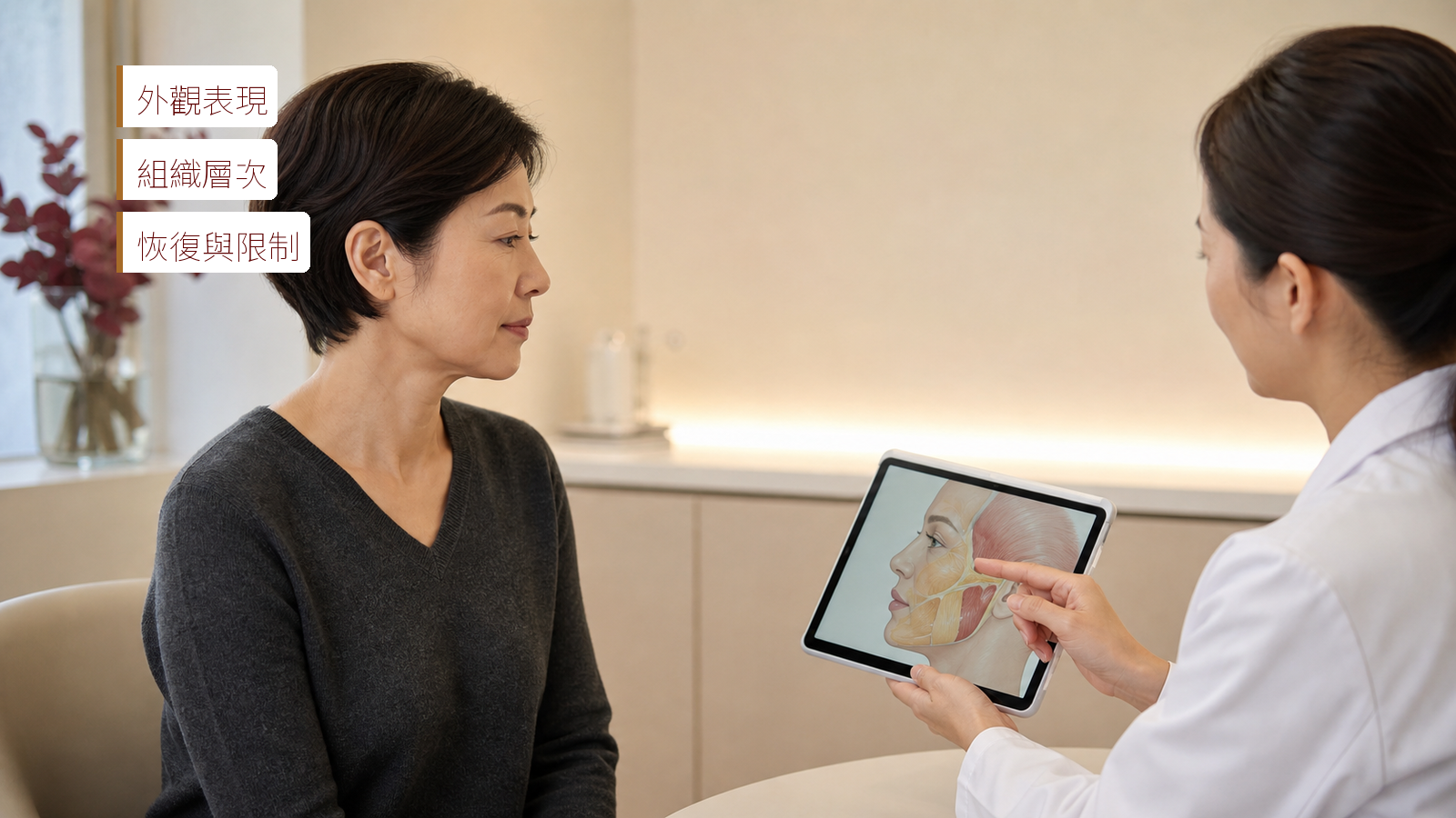 醫師在診間以平板解剖圖與東亞女性討論臉部鬆弛,示意面診需整合外觀、層次與恢復限制