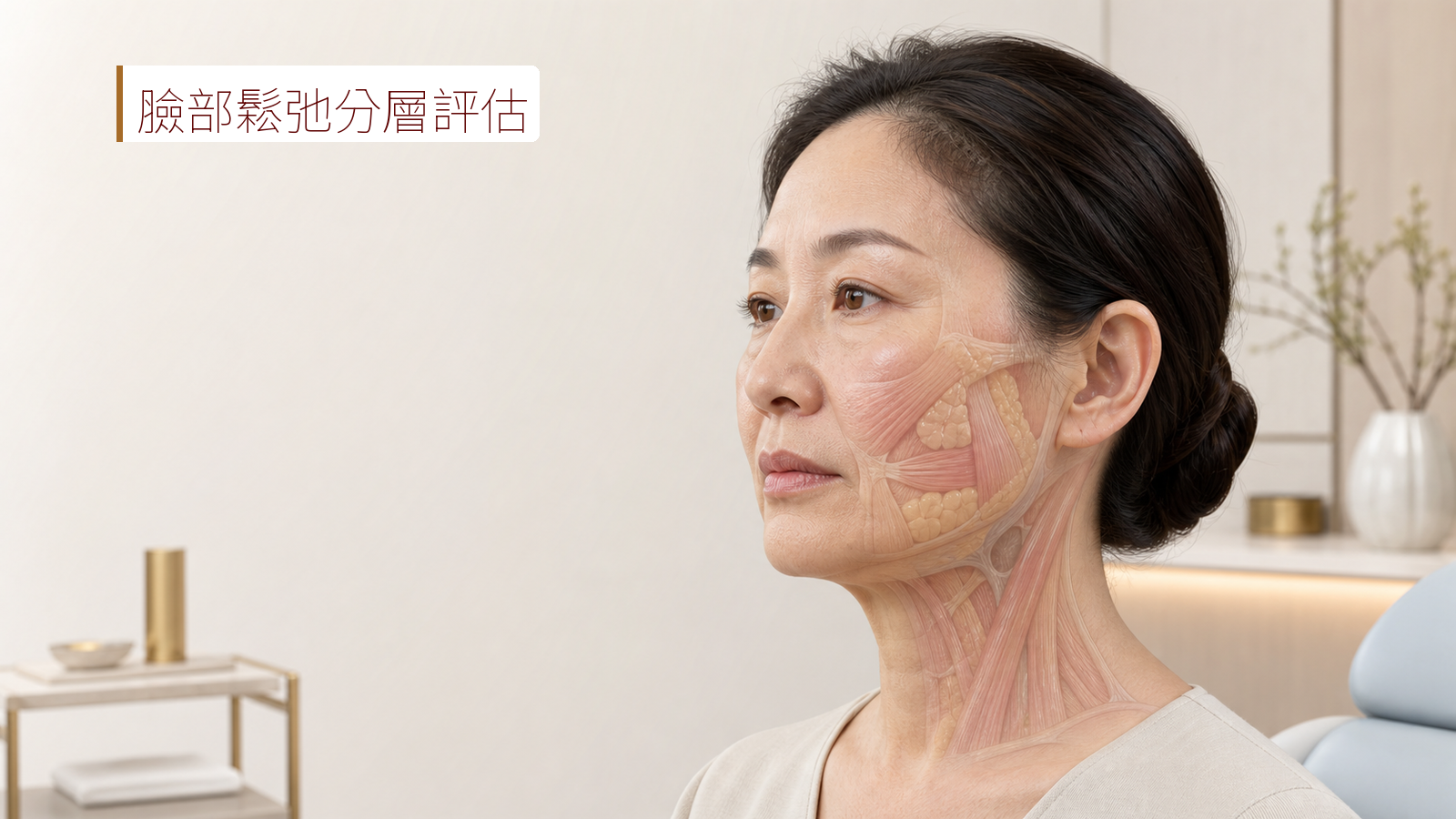 中年東亞女性臉部與下顎線組織層次示意,呈現皮膚、脂肪與支撐結構需分層評估