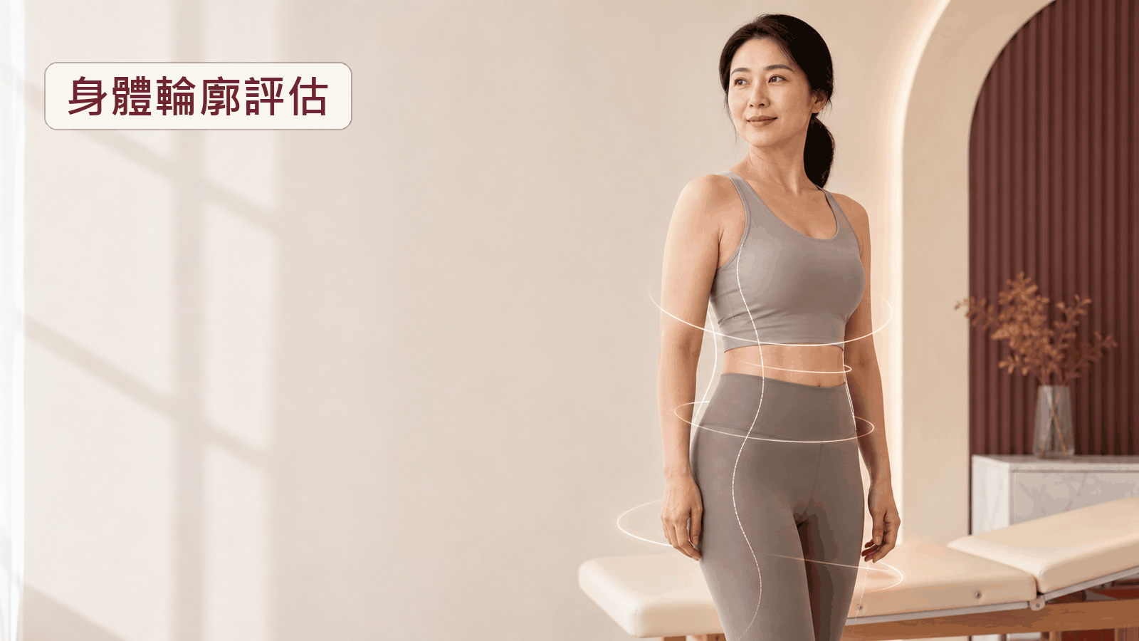 身體外觀與局部輪廓評估主視覺，呈現自然站姿與腰腹、臀腿的中性觀察線