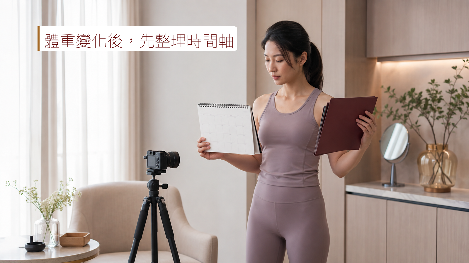 成人用相機、日曆與資料夾記錄近期體重及身體輪廓變化，準備再次評估