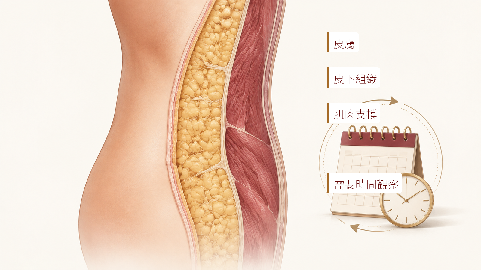 腰腹單一剖面呈現皮膚、皮下脂肪與肌肉支撐，旁側日曆與時鐘代表需依時間軸重新評估